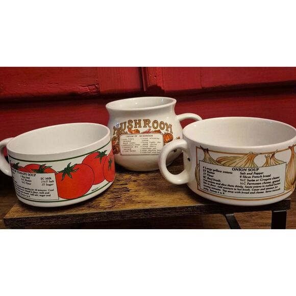 3 Vintage Soup Bowls Cups Mushroom Tomato Onion With Recipe Handles Retro - Picture 1 of 8
